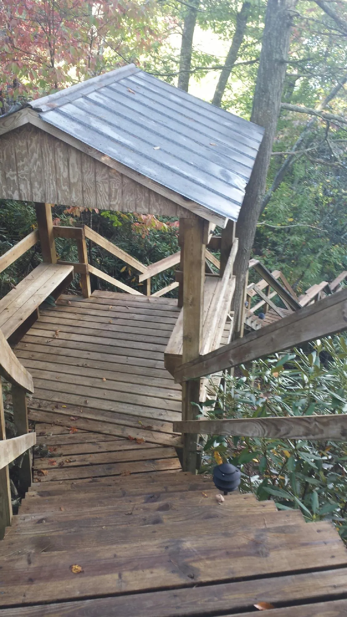 Metal roofed shelter over wooden steps on a wooded walkway — Skylight Repair & Installation work by our crew in White Bluff